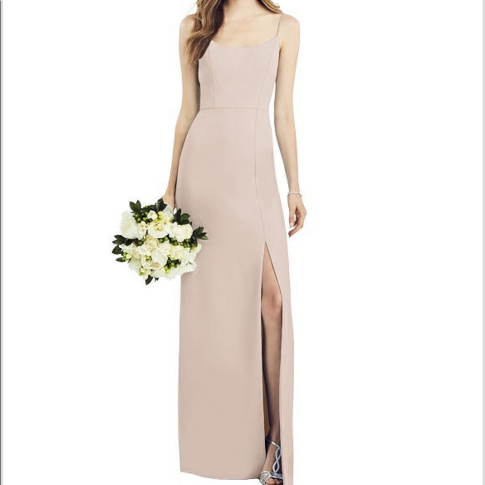 DESSY Spaghetti Strap V-Back Crepe Gown with Slit